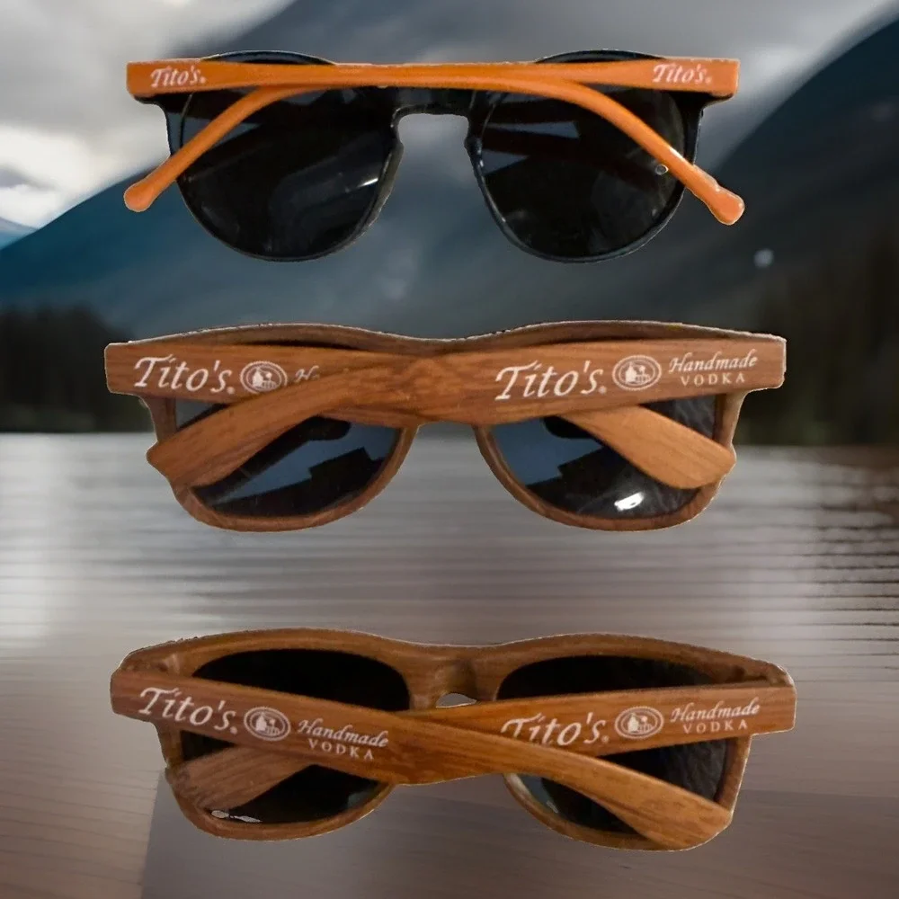 3 pairs -NEW Tito's Handmade Vodka Faux Wood Square & Black Round Sunglasses HOT